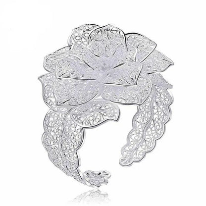 Exquisite 925 Sterling Silver Hollow Filigree Blooming Rose Flower Open Bangle Bracelet Charm Jewelry Gift