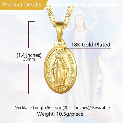 Virgin Mary Necklace 18K Gold Plated Women/Men Christian Jewelry Our Lady of Guadalupe Medal Pendant Mother Mary Necklace