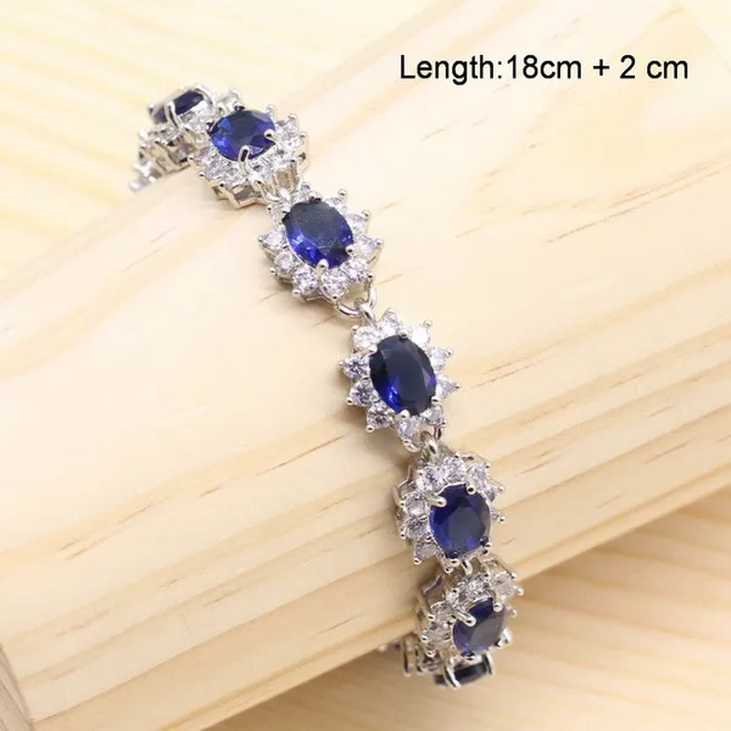 925 Silver Royal Blue Zirconia Wedding Jewelry Set For Women Heart Shape Necklace Pendant Ring Earrings Bracelet S Gift Box - WORLD TIME VISITS