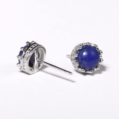 925 Sterling Silver Inlay Gemstone Earrings Crown Design Healing Crystals Studs for Woman Gift