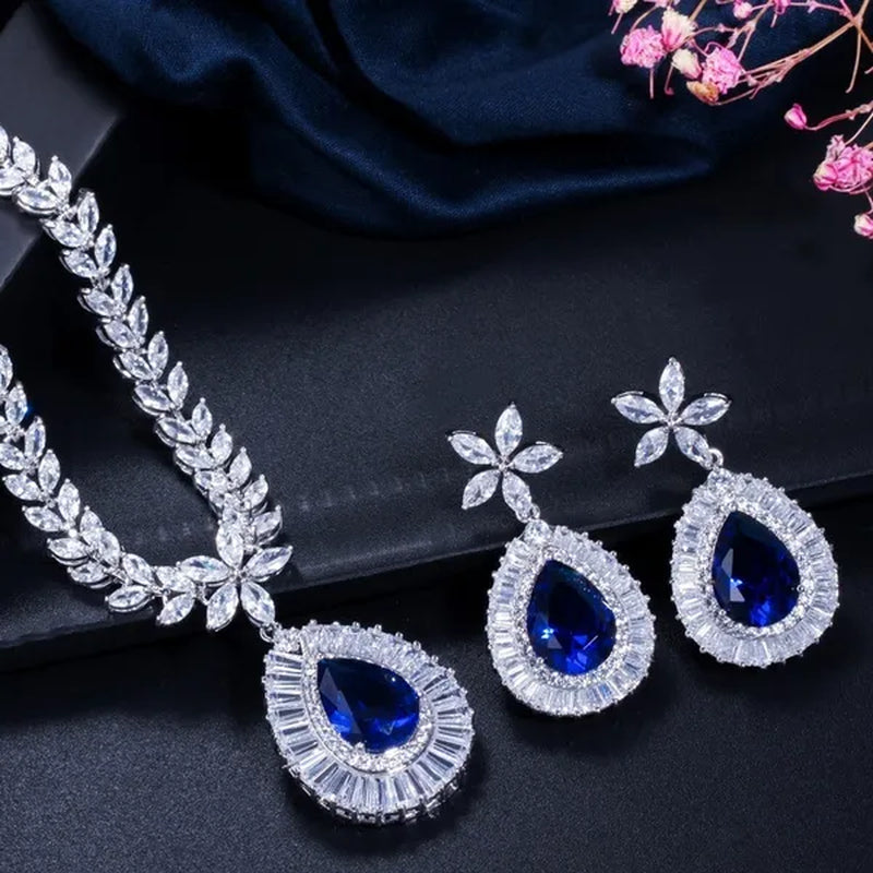 CANDICE Luxury Bridal Red CZ Stone Costume Jewelry Sets Pear Drop Red Zirconia Party Necklace Earrings Set For Women Wedding