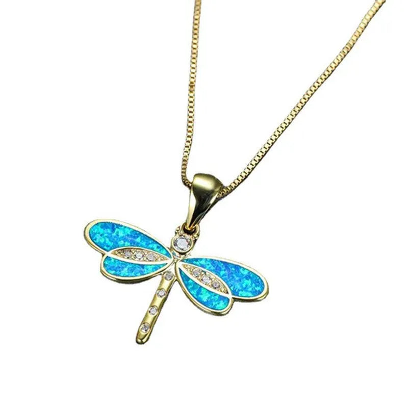 New Fashion White Imitation Opal Dragonfly Pendant Necklace Crystal Inlaid Gold Clavicle Chain Necklaces Jewelry