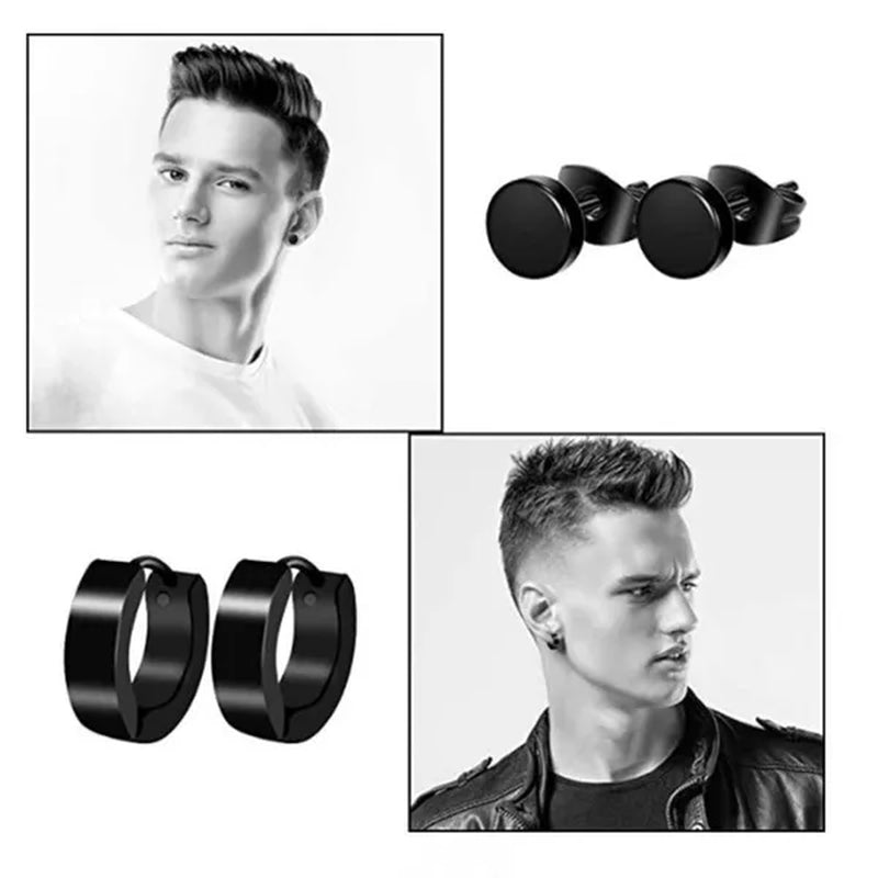 12 Pairs Set Stainless Steel Cross Stud Hoop Earrings Black Piercing Jewelry Men - WORLD TIME VISITS