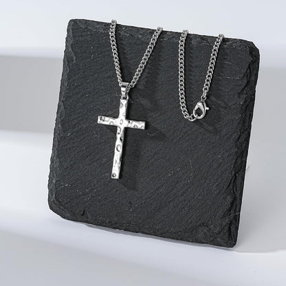 Cross Necklace for Men Boys - Hammered Cross Pendant with Cuban Chain Unique Crucifix Necklaces Christmas Christian Religious Jewelry Gifts 22+2 Inches