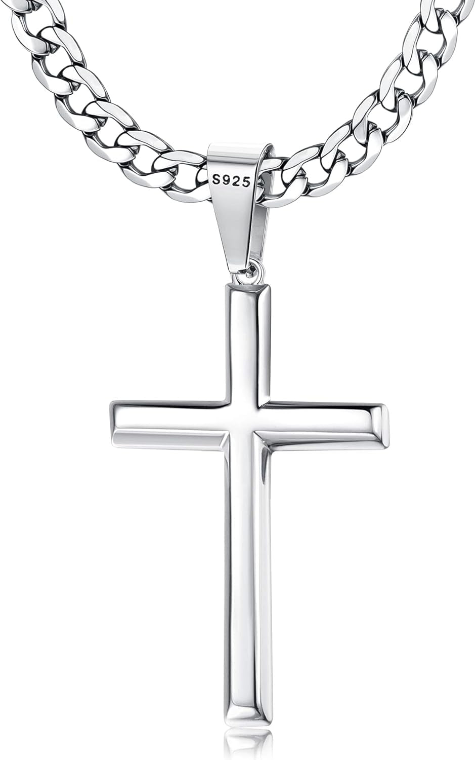 925 Sterling Silver Cross Necklace Beveled Edge for Men Women 5Mm Stainless Steel Non Tarnish Durable Cuban Link Curb Chain Crucifix Pendant Necklace Jewelry 16-30 Inches Christian Baptism Gifts