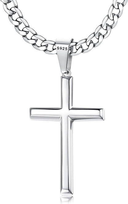 925 Sterling Silver Cross Necklace Beveled Edge for Men Women 5Mm Stainless Steel Non Tarnish Durable Cuban Link Curb Chain Crucifix Pendant Necklace Jewelry 16-30 Inches Christian Baptism Gifts