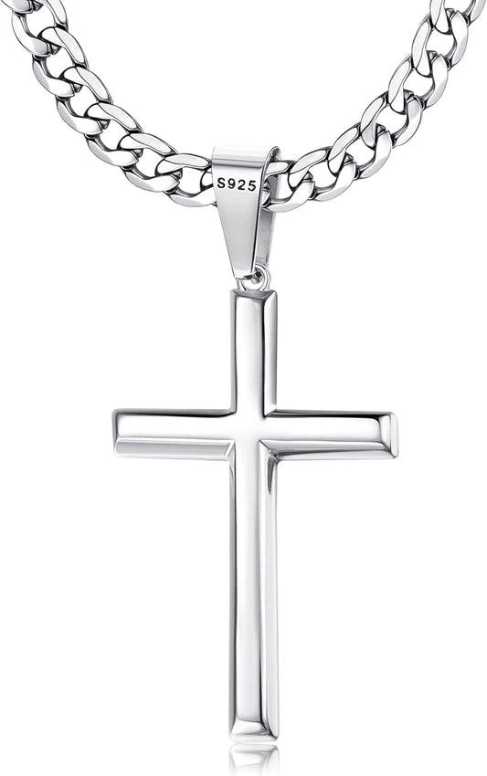 925 Sterling Silver Cross Necklace Beveled Edge for Men Women 5Mm Stainless Steel Non Tarnish Durable Cuban Link Curb Chain Crucifix Pendant Necklace Jewelry 16-30 Inches Christian Baptism Gifts