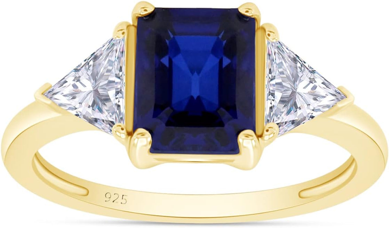 14K Gold Plated 925 Sterling Silver Emerald Cut Blue Sapphire with Trillion White Topaz Ring for Women Statement Jewelry, Mother'S Day Gift for Her
