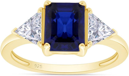 14K Gold Plated 925 Sterling Silver Emerald Cut Blue Sapphire with Trillion White Topaz Ring for Women Statement Jewelry, Mother'S Day Gift for Her