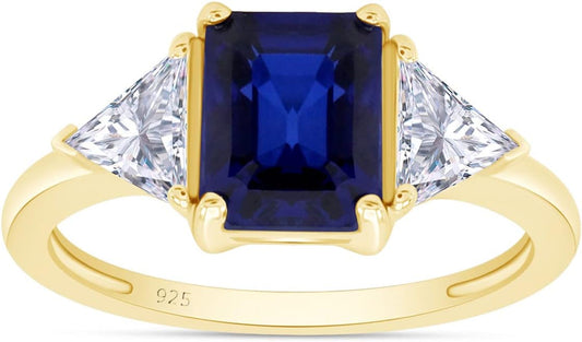 14K Gold Plated 925 Sterling Silver Emerald Cut Blue Sapphire with Trillion White Topaz Ring for Women Statement Jewelry, Gift for Her