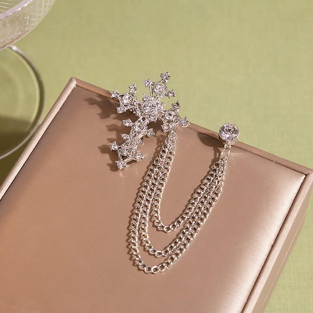 Vintage Cross Tassel Chain Brooch Collar Pin,Crystal Rhinestone Cross Long Chain Lapel Pin,Suit Coat Breastpin Jewelry for Women Men (Silver)