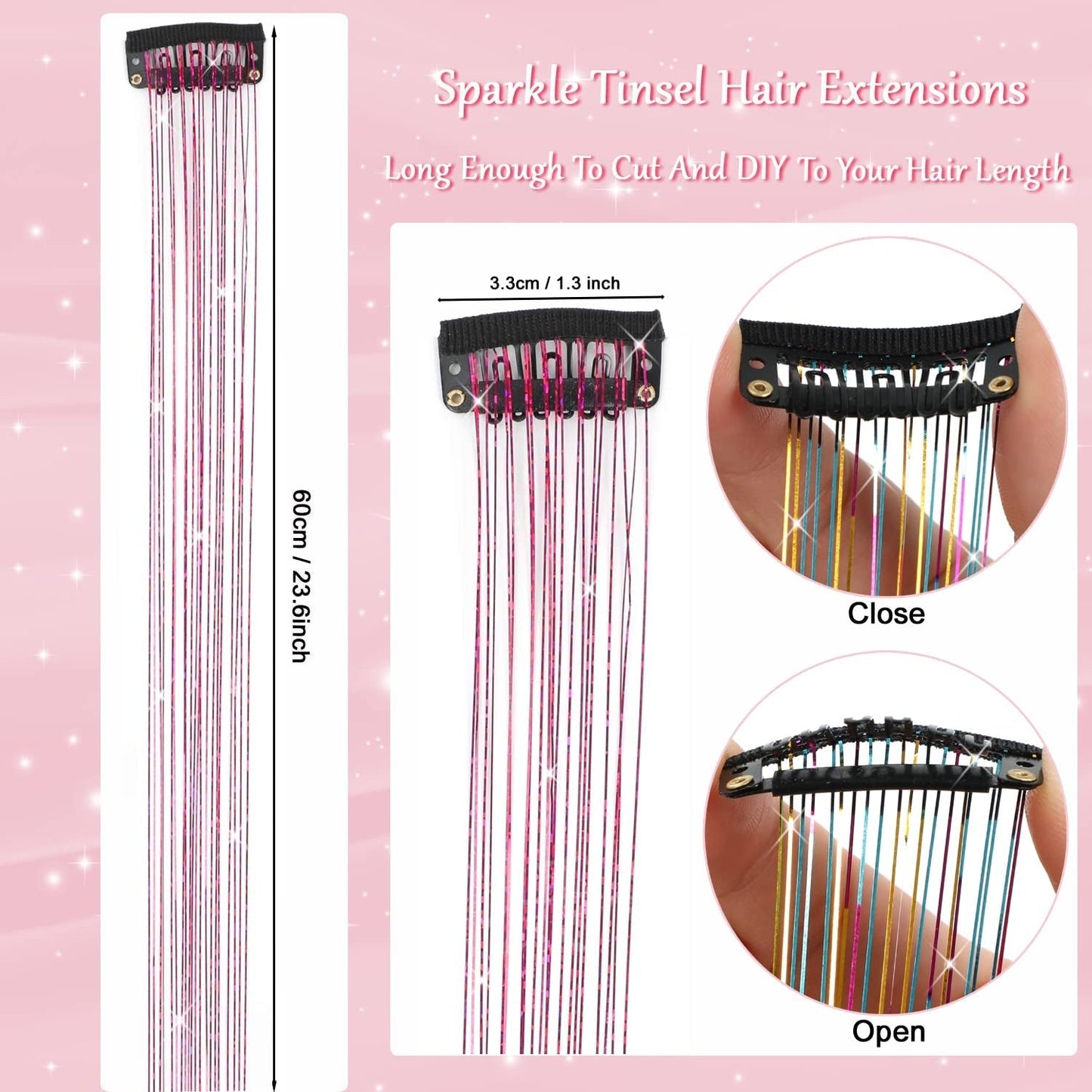 23.6Inch Clip in Hair Tinsel Kit, Silver Hair Tinsel Heat Resistant Fairy Hair Tinsel Clip in Glitter Hair Extensions, Tinsel Hair Sparkles Festival Hair Accessories for Women Girls (Silver)
