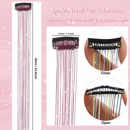 23.6Inch Clip in Hair Tinsel Kit, Silver Hair Tinsel Heat Resistant Fairy Hair Tinsel Clip in Glitter Hair Extensions, Tinsel Hair Sparkles Festival Hair Accessories for Women Girls (Silver)