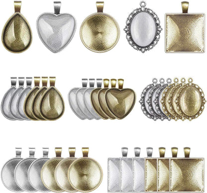 60Pcs Pendant Trays, Bezel Pendant Trays Blanks with Glass Cabochons for Pendants Making and Jewelry Making, 5 Styles - WORLD TIME VISITS
