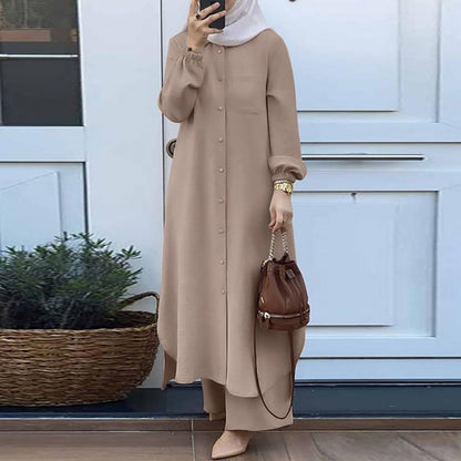 Women'S Muslim 2 Pieces Sets Long Sleeve Button down Shirt and Pants Abaya Casual Dress Dubai Outfits - WORLD TIME VISITS