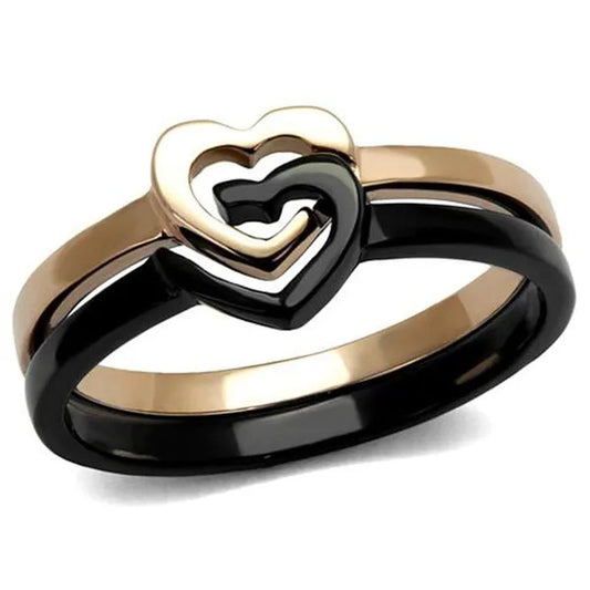 Stainless Steel Black & Rose Gold Ion Plated 2 Piece Heart Fashion Ring Size 5-10