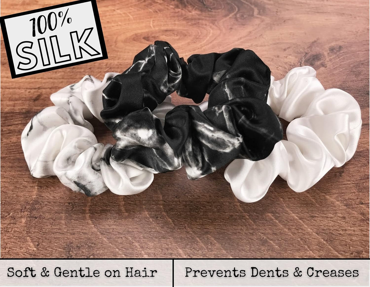 Mulberry Silk Scrunchies for Hair (Black Marble, White Marble, Ivory)