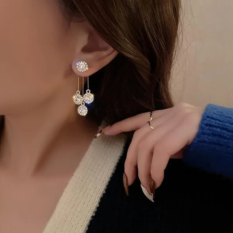 New Luxurious round Rhinestone Tassel Dangle Stud Earrings for Women Shiny Temperament Gold Silver Color Earrings