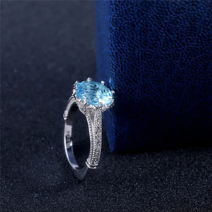 Fashion 2.0ct Round Cut Aquamarine Gemstone Ring Exquisite Silver Carver Flower Diamond Ring Couple Wedding Jewelry