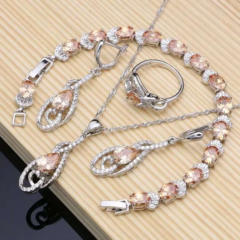 Mystical Champagne Topaz Jewelry Sets Women 925 Sterling Silver Jewelry Earrings/Pendant/Necklace/Rings/Bracelet