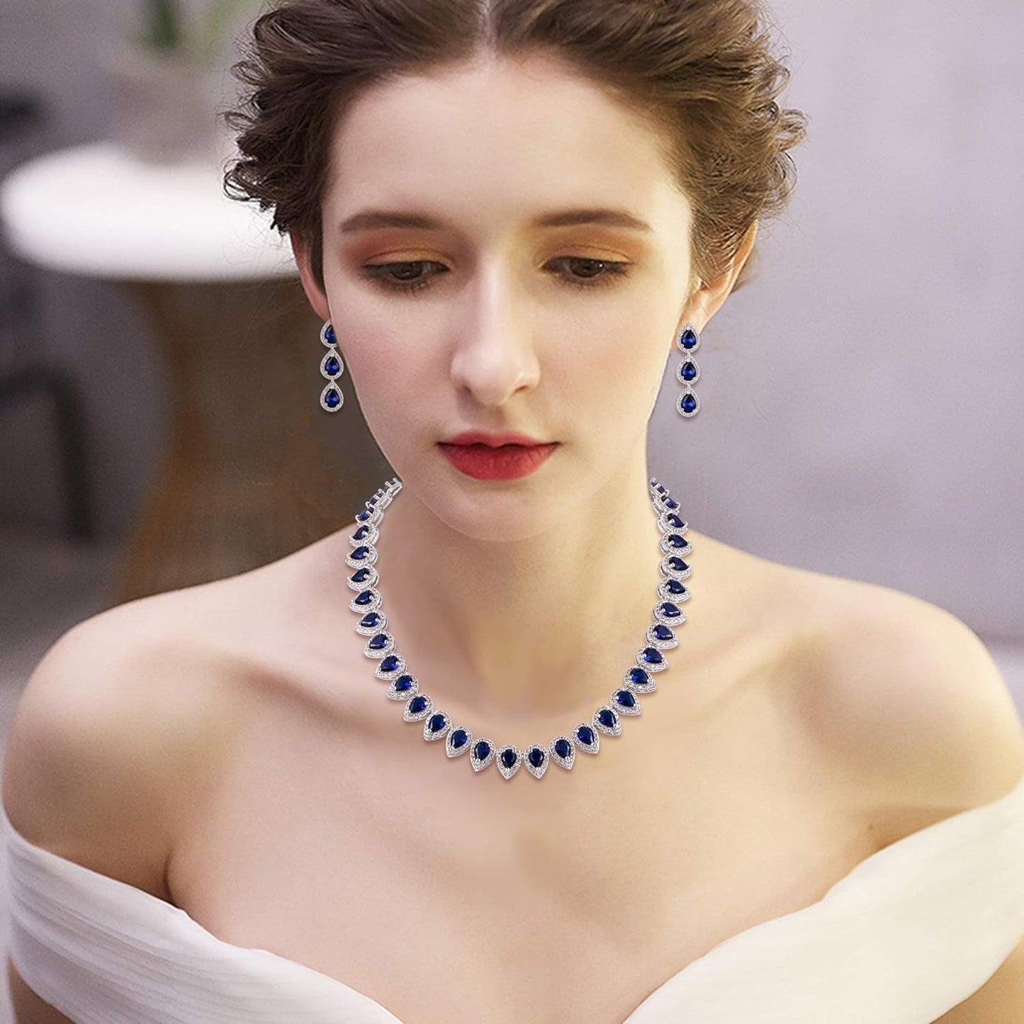 Women'S Silver-Tone Full Prong Cubic Zirconia Teardrop Bridal Necklace Earrings Set