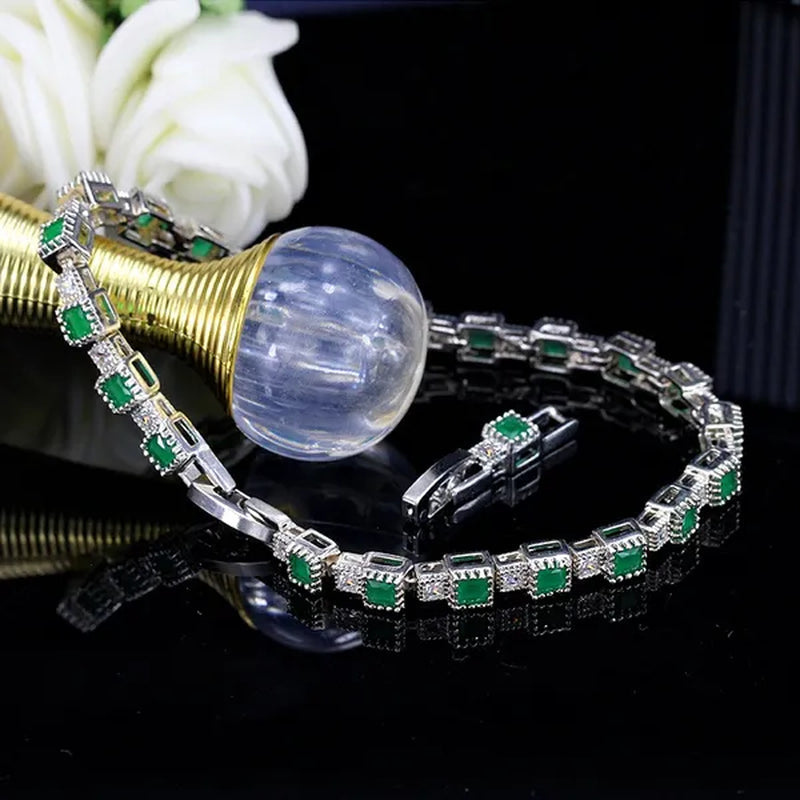 Gloriya Fashion Silver Color Elegant Charm Bangle Jewelry for Prom Women Simple Trendy Green CZ Crystal Square Tennis Bracelets