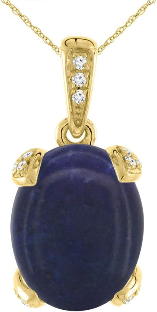 14K Yellow Gold Natural Lapis Necklace Oval 10X8 Mm with Diamond Accents