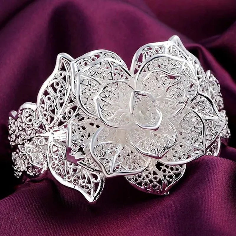 Exquisite 925 Sterling Silver Hollow Filigree Blooming Rose Flower Open Bangle Bracelet Charm Jewelry Gift