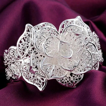 Exquisite 925 Sterling Silver Hollow Filigree Blooming Rose Flower Open Bangle Bracelet Charm Jewelry Gift