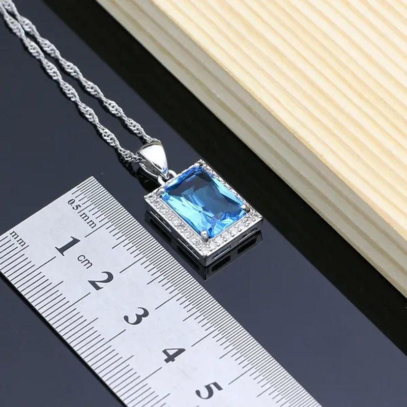 Square Sky Blue Topaz 925 Sterling Silver Jewelry Sets for Women Earrings/Pendant/Necklace/Rings/Bracelet