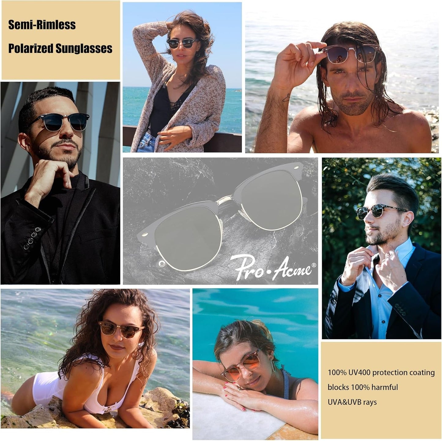 Semi-Rimless Polarized Sunglasses UV 400 Protection for Women Men