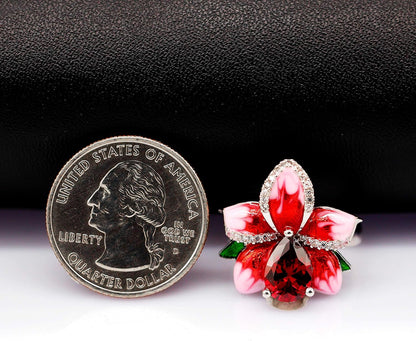 Beautiful Red Enamel Rose Ring for Women Blossom Flower Rings with Pear Cut Cubic Zirconia Cocktail Summer Ring RA627