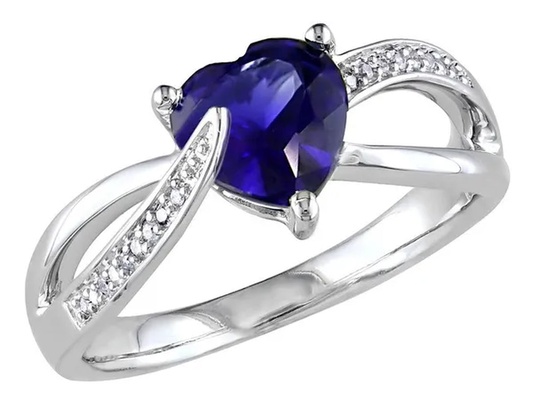 Created Blue Sapphire and Diamond Heart Ring 1.90 Carat (Ctw) in Sterling Silver