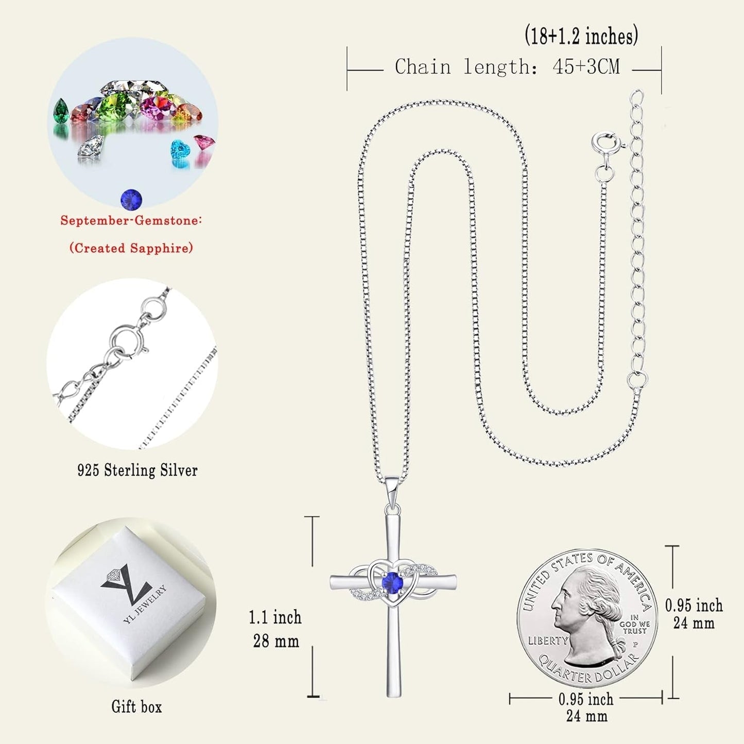 Women'S Cross Necklace Sterling Silver Infinity Heart Crucifix Pendant Birthstone Criss Jewelry