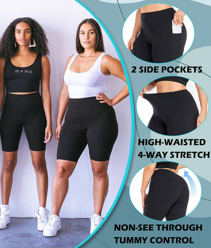 3 Pack plus Size Biker Shorts with Pockets for Women-High Waisted 8" Yoga Pants Workout Shorts