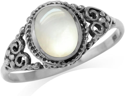 White Mother of Pearl Inlay 925 Sterling Silver Filigree Victorian Style Ring Size 9