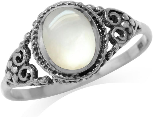 White Mother of Pearl Inlay 925 Sterling Silver Filigree Victorian Style Ring Size 9