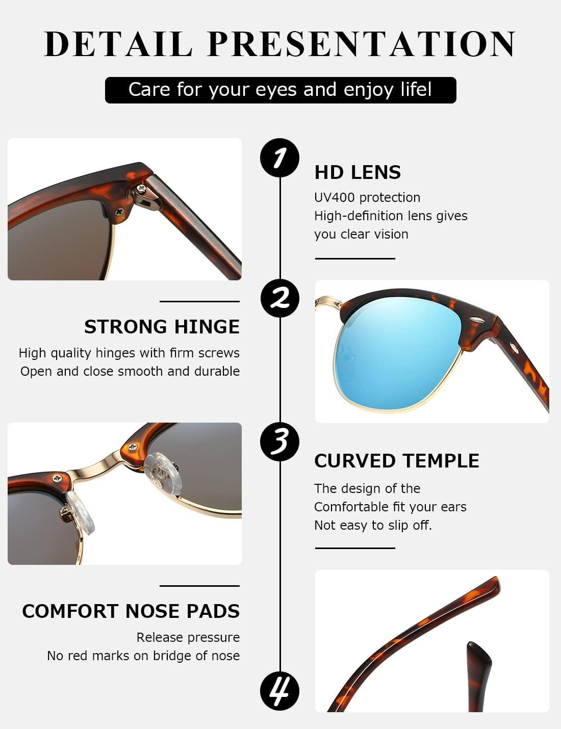 Polarized Sunglasses for Women and Men Semi Rimless Frame Retro Sun Glasses AE0369