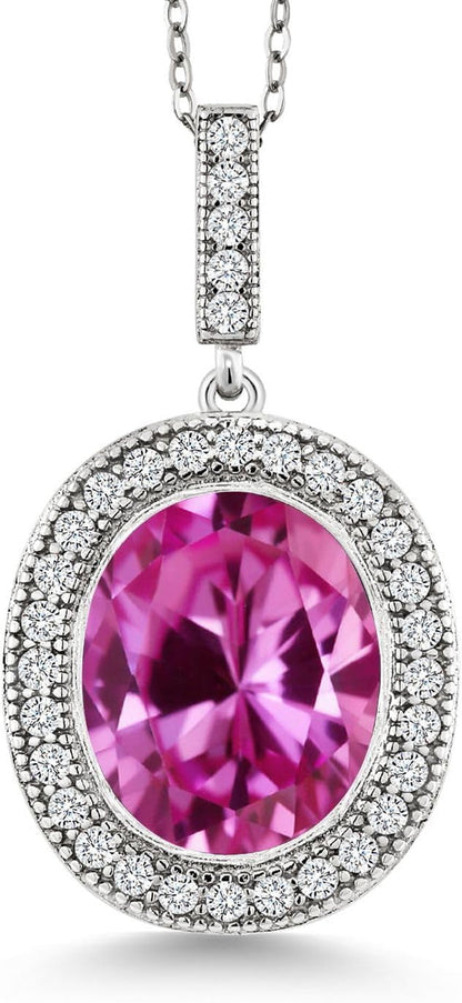 925 Sterling Silver Oval Gemstone Birthstone Halo Necklace for Women | Oval 12X10MM | Halo Pendant Necklace for Women | with 18 Inch Silver Chain