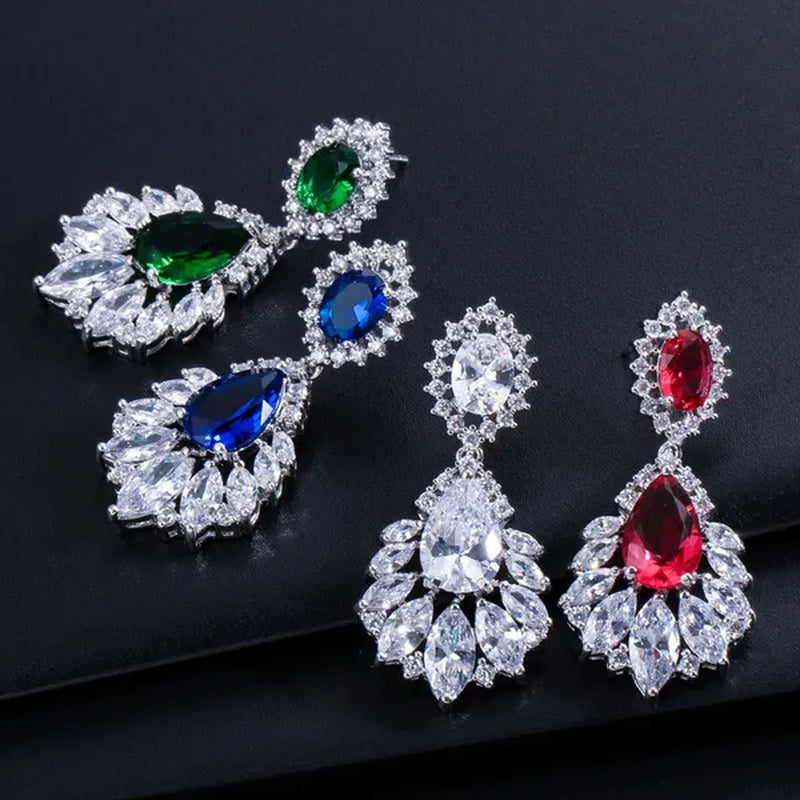 Gloriya Vintage Exquisite Marquise Silver Plated Jewelry Tear Drop Green Wedding Long Hanging Earrings with CZ Zirconia for Bride