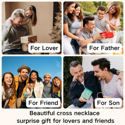 Wooden Cross Necklace for Men, Natural Sandalwood Inlaid with Black Stainless Steel Pendant, Mens Cross Necklaces Including 24 Inch Box Chain. Christmas Gifts for Husbands, Fathers, Sons, and Friends. ﻿