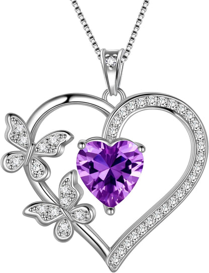 Heart Butterfly Pendant Necklace - 925 Sterling Silver Birthstone Heart Crystal Necklace Gifts for Women Jewelry Mothers Day Valentines Birthday Gifts for Girls