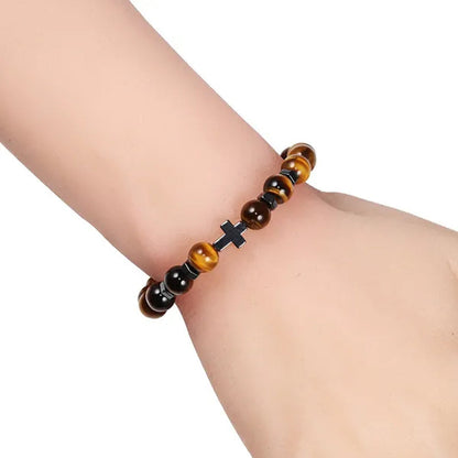 Hot Men Natural Tiger Eye Beads Hematite Cross Bracelets Onyx Meditation Prayer Bead Bracelet Women Stone Yoga Jewelry Homme