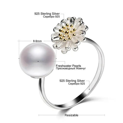 Flower Real 925 Sterling Silver with 8-9MM White Freshwater Pearl Rings for Women Fashion Jewelry Gifts