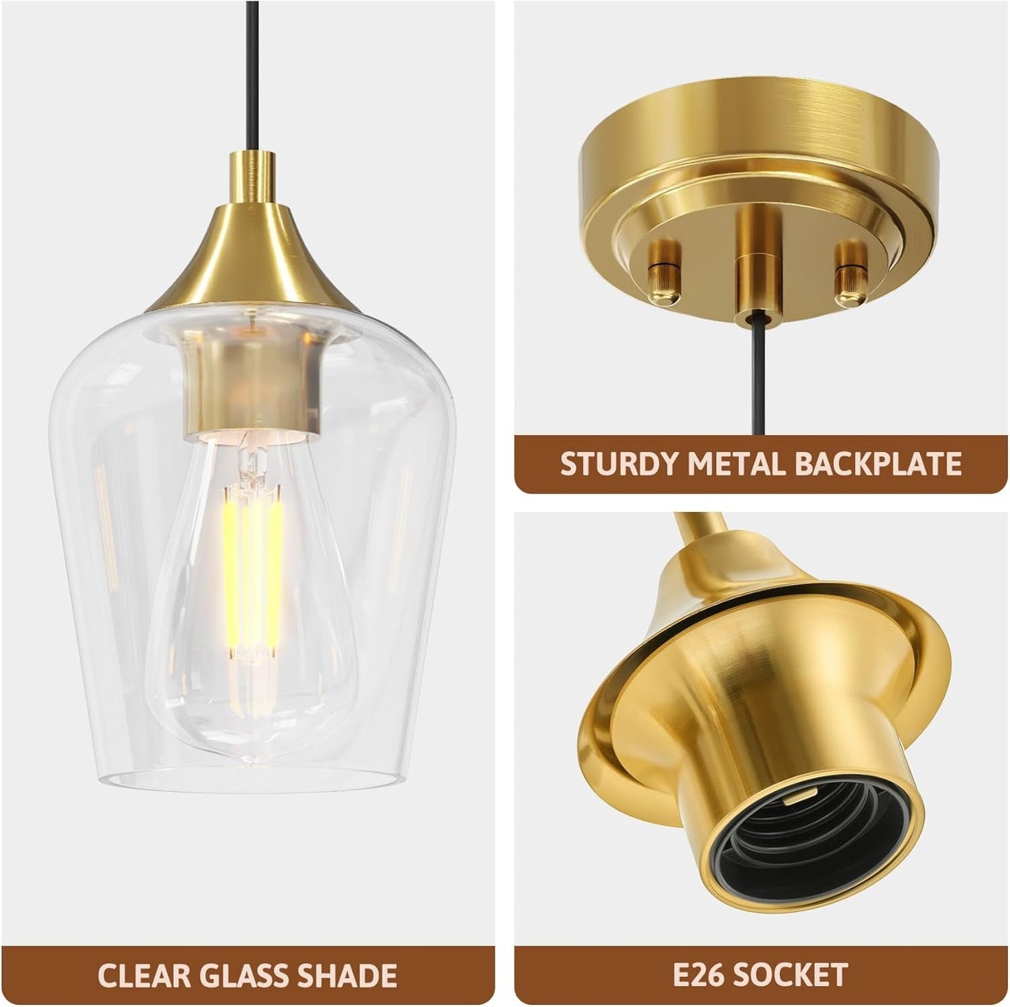 Pendant Light Kitchen Island, Brushed Gold Pendant Light Fixture with E26 Base & Adjustable Cable, Modern Pendant Lighting with Glass Shade for Living Room Bedroom Hallway