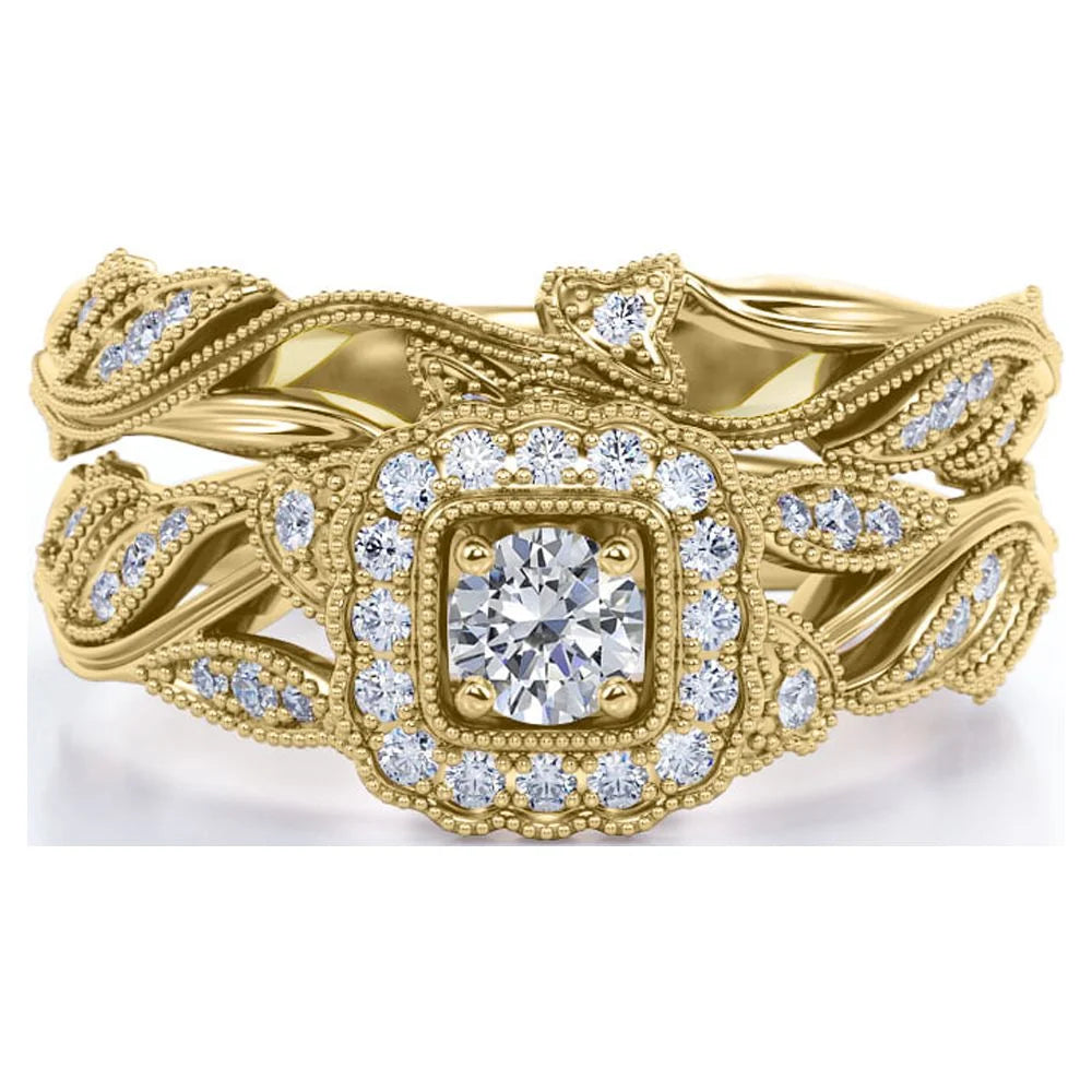 round Diamond - Edwardian Diamond Filigree Ring - Art Deco Style - Wedding Ring Set in 10K Yellow Gold