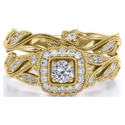 round Diamond - Edwardian Diamond Filigree Ring - Art Deco Style - Wedding Ring Set in 10K Yellow Gold