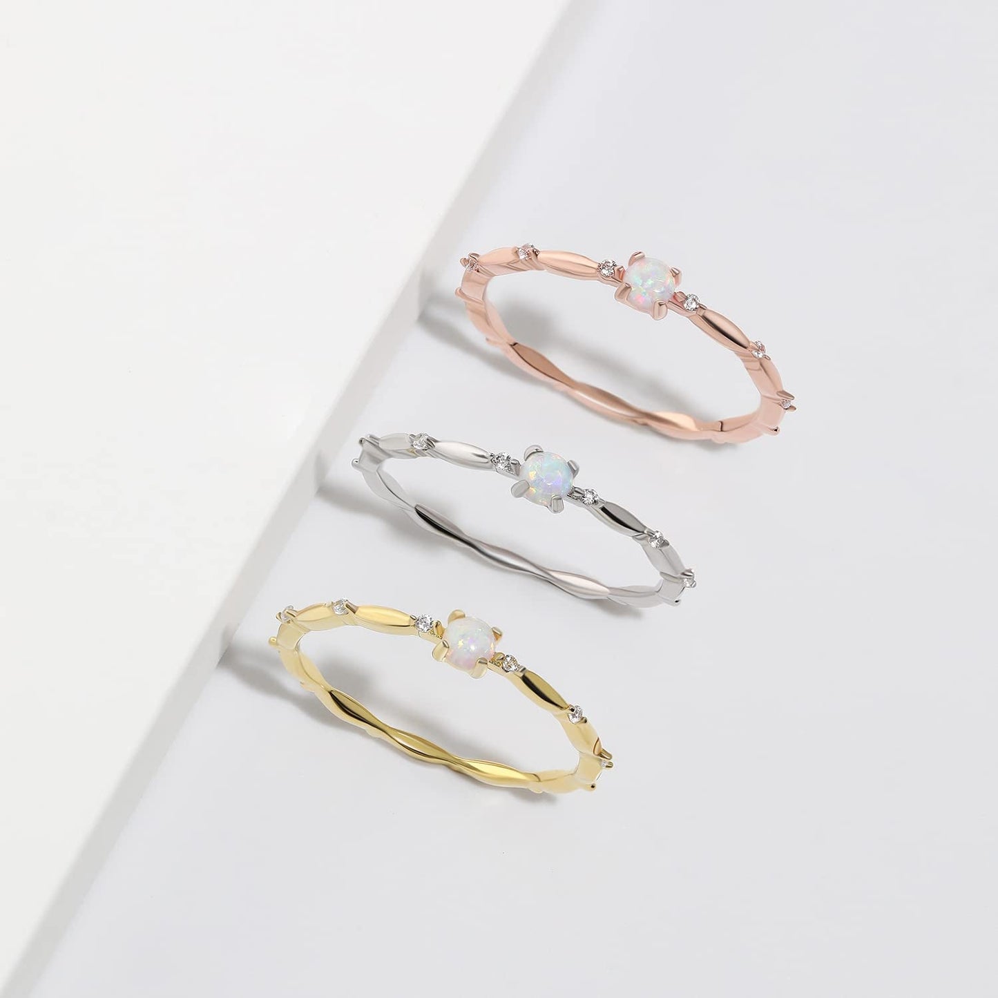 Sterling Silver Opal Ring for Women White Fire Opal October Birthstone Dainty Minimalist Stackable Ring Gold Promise Ring Size 5-9 (Rose Gold, 6.5)