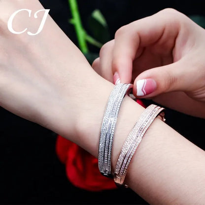 CANDICE New Fashion Simple Unisex Open Bangle Setting Sparkling CZ Stone Rose Gold & White Gold Plated Cuff Bracelet Jewelry For Women Men Couple Gift