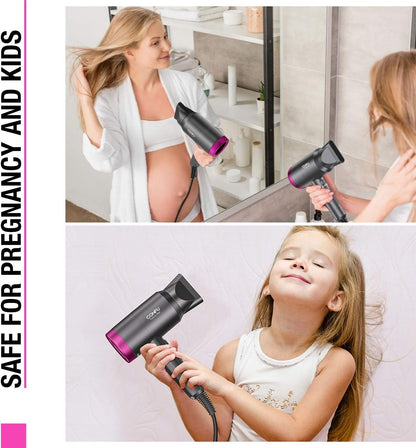 Ionic Blow Dryer 1600W, Portable Lightweight Fast Drying Negative Ion Hairdryer Blowdryer, 3 Heat Settings & Infinity Speed, with Diffuser and Concentrator Nozzle for Home & Travel